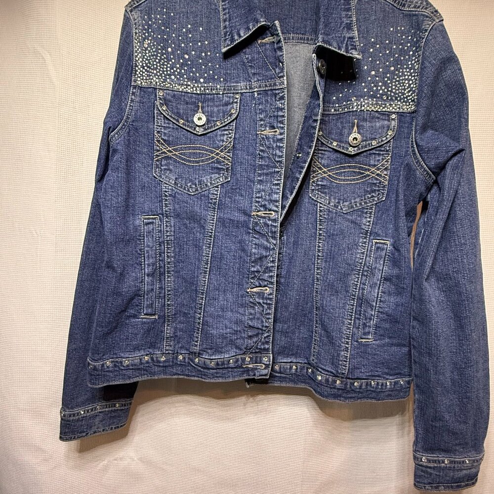 Ethyl Women's Blue Jean Jacket Rhinestones Pockets Denim Size L Cotton Blend